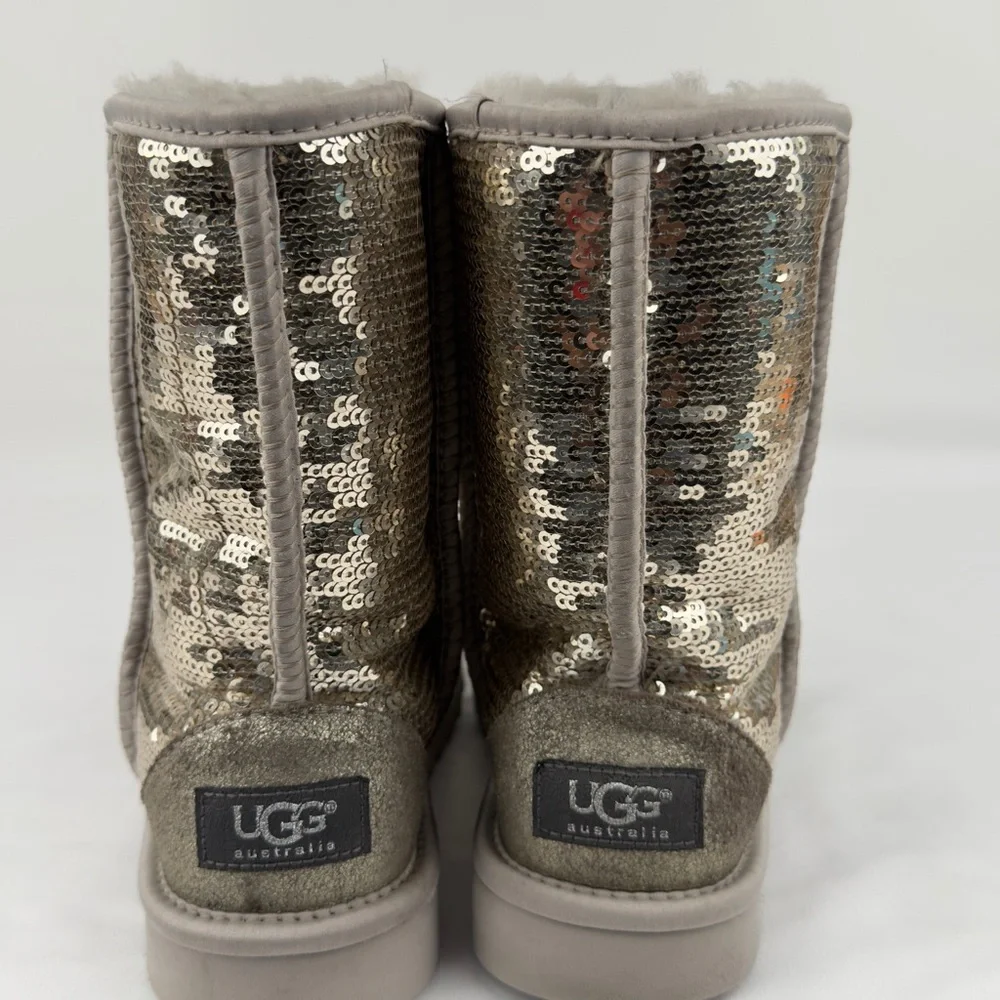 UGG Classic Short Sequin Sparkle Boots Silver Womens US 5